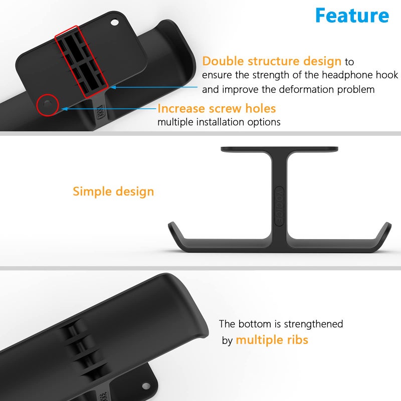 Yocice Upgraded Headphone Stand Hanger,Headset Holder Mount, Hook of Double Hanging Design with Strong Adhesive Tape for Headphones,H02U-Black-1PCS(Double Hanging) - Image 3